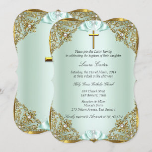 Mint Gold Pearl Damask Cross Taufen Christening Einladung