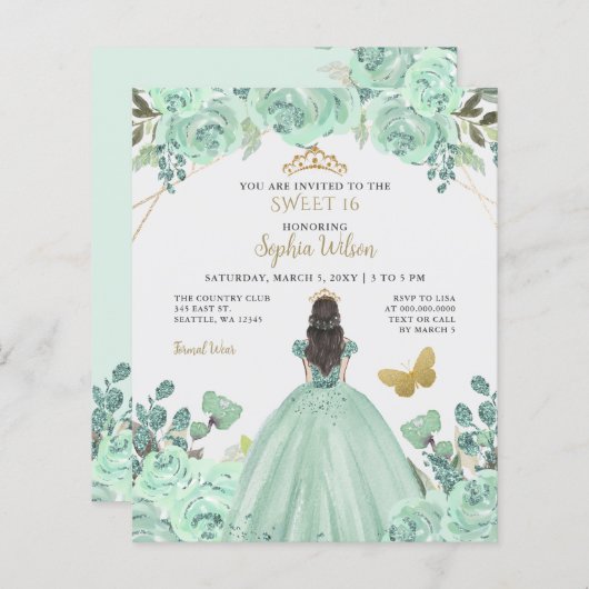 Mint Gold Prinzessin Sweet 16 Einladung (Vorne/Hinten)