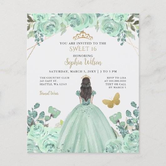 Mint Gold Prinzessin Sweet 16 Einladung (Vorderseite)