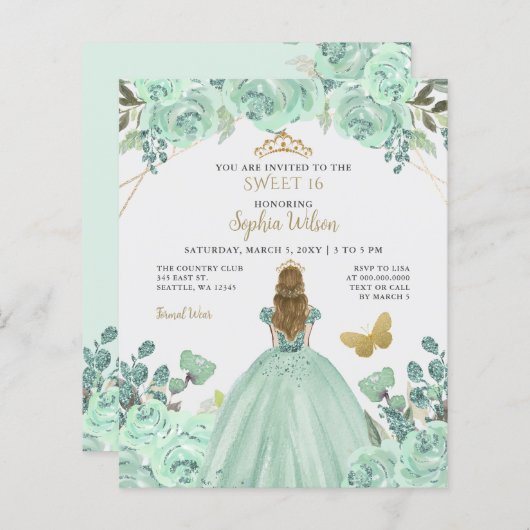 Mint Gold Prinzessin Sweet 16 Einladung (Vorne/Hinten)