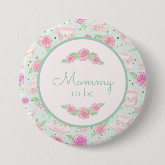 Mint Gold Tea Party Mommy zur Kinderdusche Button (Vorderseite)