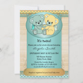 Mint Gold Twin Teddy Bear Babydusche Einladung (Vorderseite)