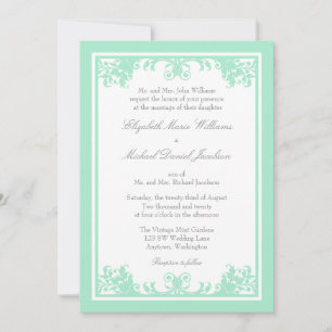 Mint-Grau-Vintage Scroll-Hochzeit Einladung