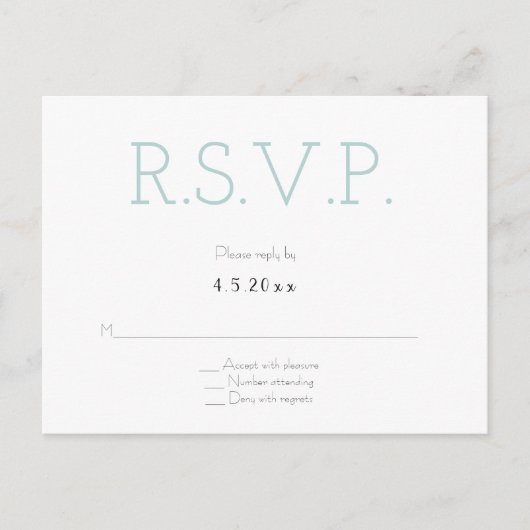 Mint graue Typografie Hochzeit rsvp Postkarten (Vorderseite)