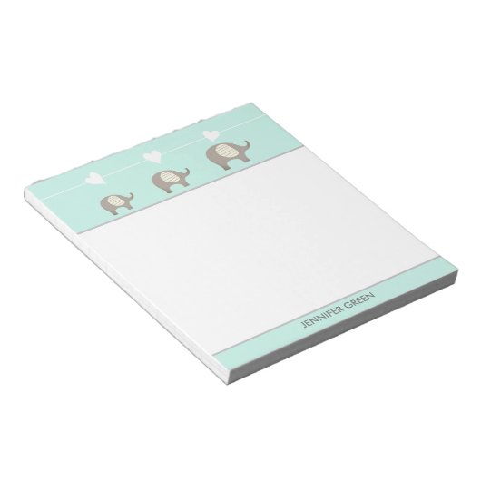 Mint Gray Heart Elephant Personalisiert Notepad Notizblock (angewinkelt)