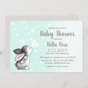 Mint Gray Hearts Bunny Baby Shower Einladungen