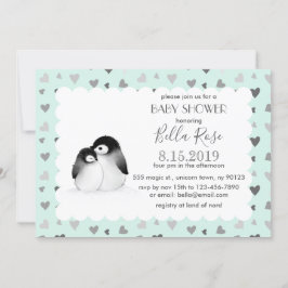Mint Gray Hearts Pinguins Baby Dusche Einladungen