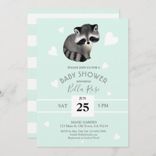 Mint Gray Raccoon Baby Shower Einladungen (Vorne/Hinten)