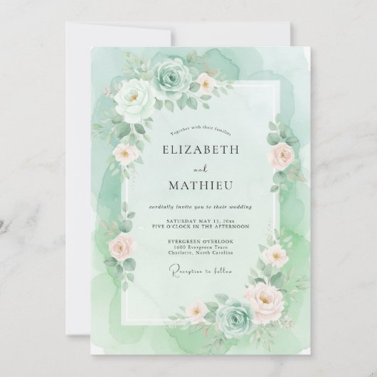 Mint Gräzliche Wasserfarben-Hochzeit Einladung (Vorderseite)