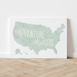 Mint Green Adventure erwartet Karte Kinderzimmer D Künstlicher Leinwanddruck<br><div class="desc">Diese handgeschriebene Aquarell "Adventure Awaits" US-Karte ist perfekt für kleine Entdecker und große Entdecker! Die Landkarte ist eine großartige Touch für Abenteuer,  Outdoor- oder Reisesäle.</div>