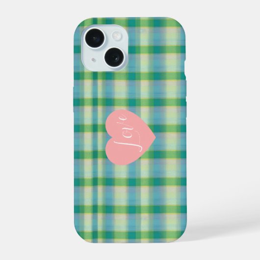 Mint Green and Blue Plaid Phone Case iPhone 15 Hülle (Rückseite)