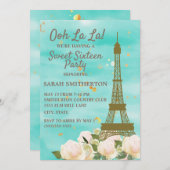 Mint Green Aquamarin Blue Gold Eiffelturm Sweet 16 Einladung (Vorne/Hinten)