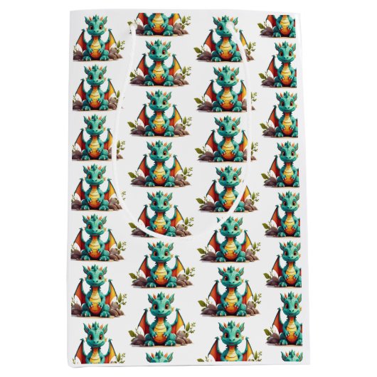 Mint Green Baby Dragon Fantasy Pattern Geschenktas Mittlere Geschenktüte (Vorderseite)