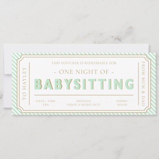 Mint Green Babysitting Gutscheinkarte Einladung (Vorderseite)