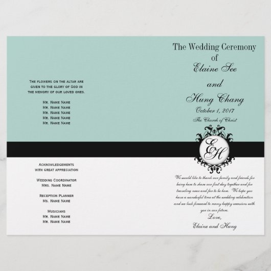 Mint Green Black Wedding Program Chic Mit Monogram (Vorderseite)