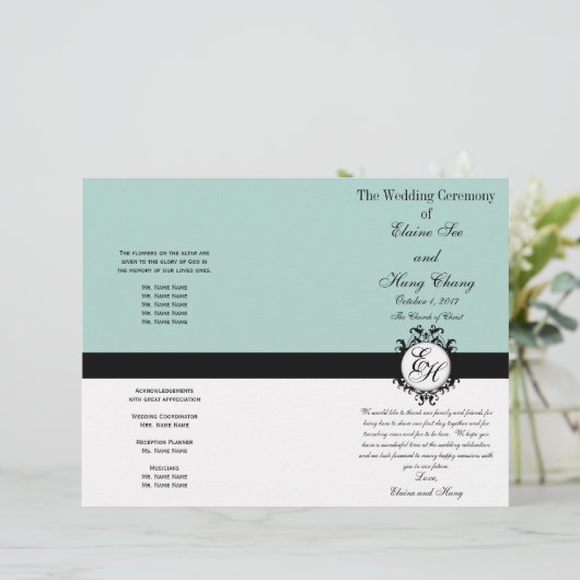 Mint Green Black Wedding Program Chic Mit Monogram (Stehend Vorderseite)