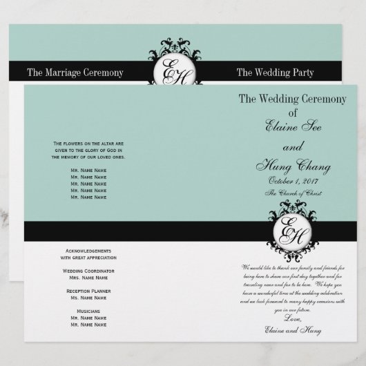 Mint Green Black Wedding Program Chic Mit Monogram (Vorne/Hinten)