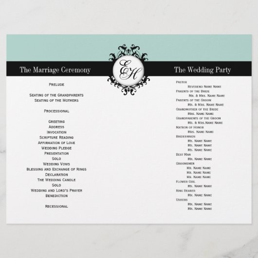 Mint Green Black Wedding Program Chic Mit Monogram (Rückseite)