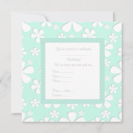 MINT GREEN BLUME GEBURTSTAGLICHE EINLADUNG (Rückseite)