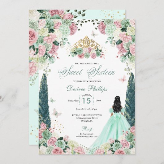 Mint Green & Blush Bezaubernder Garten 16 . Geburt Einladung (Vorne/Hinten)