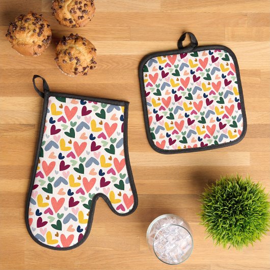 Mint Green Blush Pink Blue Hearts Art Muster Ofenhandschuh & Topflappen-Set