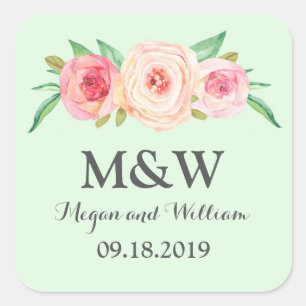 Mint Green Blush Pink Floral Monogram Wedding Quadratischer Aufkleber