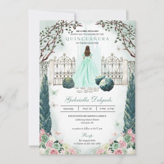 Mint Green Blush Verzauberter Garten Quinceanera Einladung (Vorderseite)