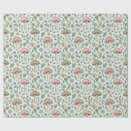 Mint Green Botanical Fungi Seamless Pattern Geschenkpapier (Flach)