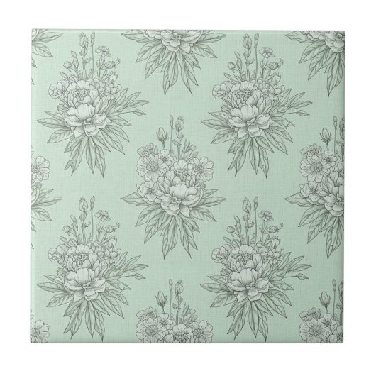Mint Green Botanical Toile with Floral Bouquets Fliese (Vorderseite)