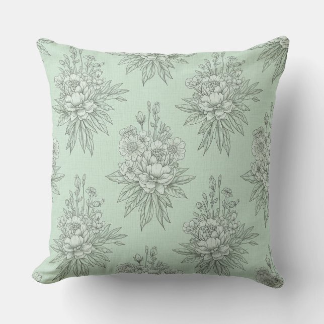 Mint Green Botanical Toile with Floral Bouquets Kissen (Vorderseite)