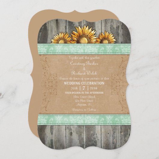 Mint Green Brown Rustic Sonnenblume Einladung (Vorne/Hinten)