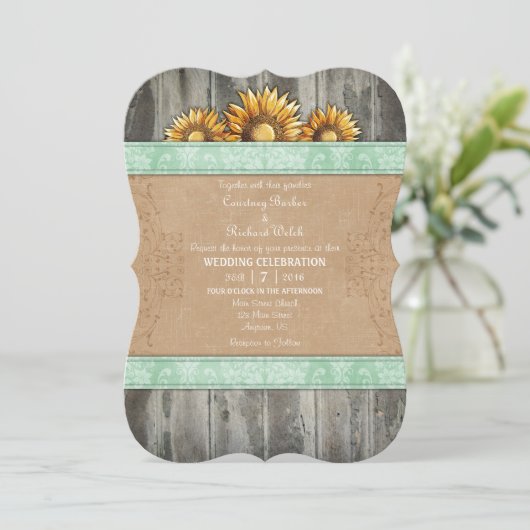 Mint Green Brown Rustic Sonnenblume Einladung (Stehend Vorderseite)