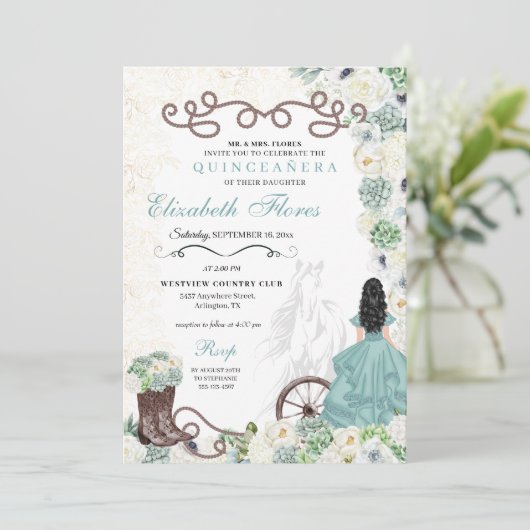 Mint Green Cacti Western Charro Horse Quinceañera Einladung (Stehend Vorderseite)