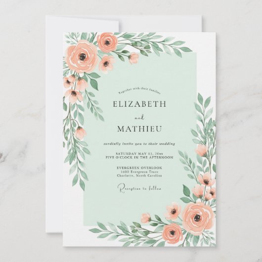 Mint Green Charming Botanical Wedding Einladung (Vorderseite)