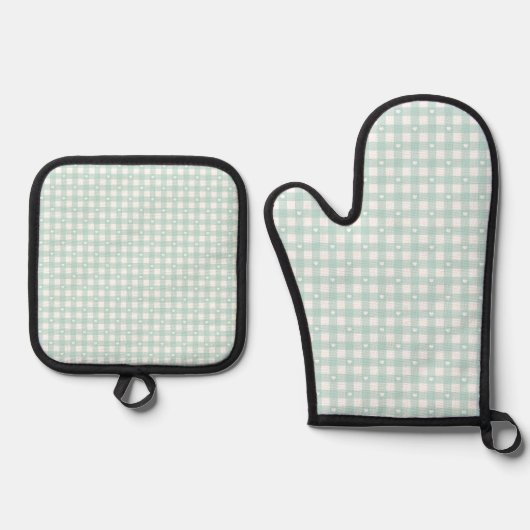 Mint Green Checks Oven Mitt & Pot Holder Set (Vorderseite)