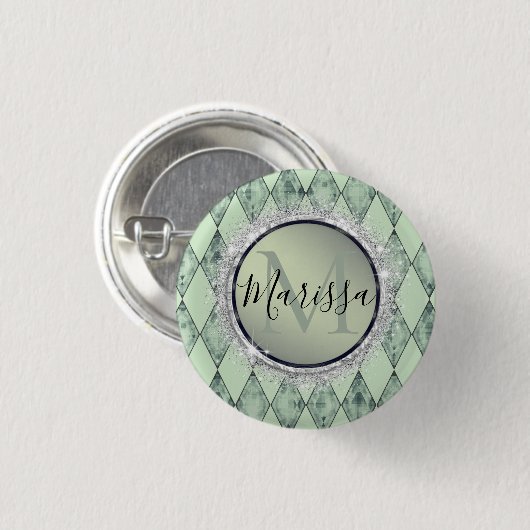 Mint Green Chic Harlequin Monogram Button (Vorne & Hinten)