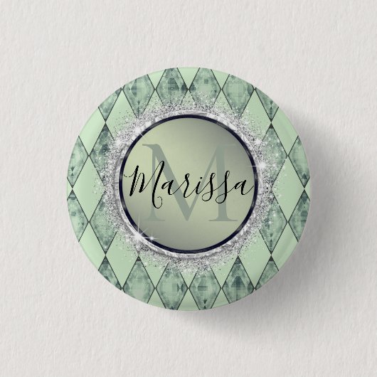 Mint Green Chic Harlequin Monogram Button (Vorderseite)
