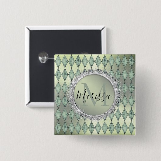 Mint Green Chic Harlequin Monogram Button (Vorne & Hinten)
