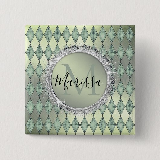 Mint Green Chic Harlequin Monogram Button (Vorderseite)