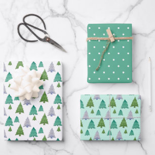 Mint Green Christmas Tree Watercolor Pastel Geschenkpapier Set