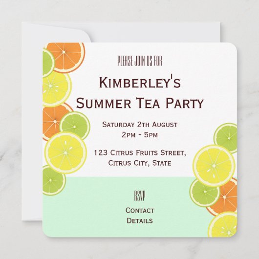 Mint Green Citrus Fruit Slices Summer Tee Party Einladung (Rückseite)