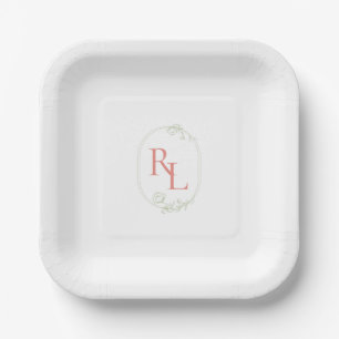 Mint Green & Coral Pink Couple Monogram Wedding Pappteller