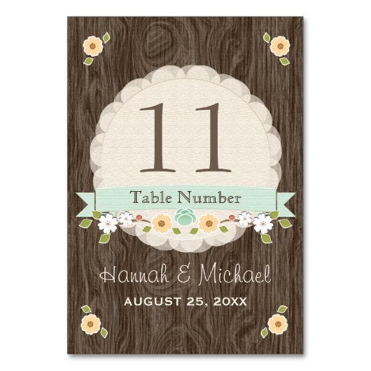 MINT GREEN COUNTRY CHARM WEDDING TISCHNUMMER CARD (Vorderseite)