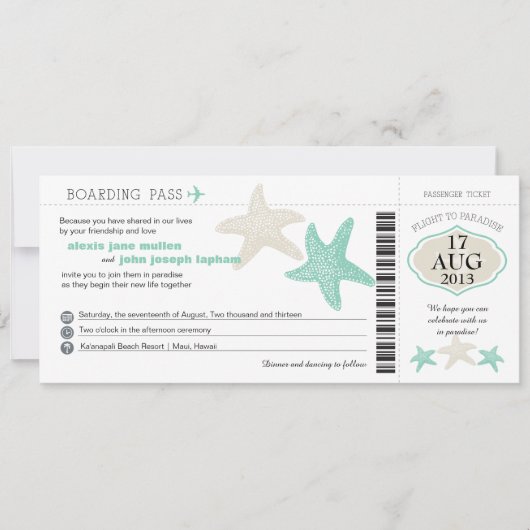 Mint Green Cream Starfish Boarding Hochzeit Einladung (Vorderseite)