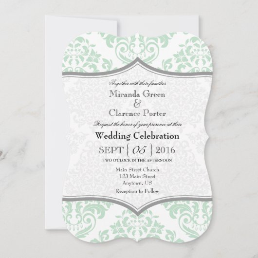 Mint Green Damask Bracket Wedite Einladung (Vorderseite)