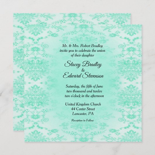 Mint Green Damask Einladung zur Hochzeit (Vorne/Hinten)