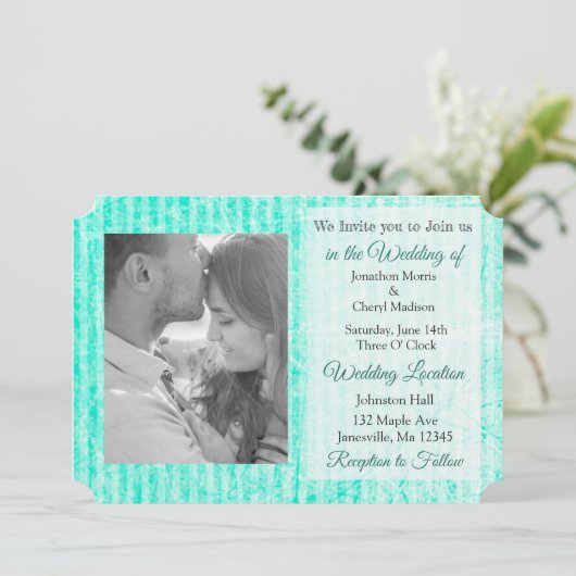 Mint Green Damask Foto Wedites Einladung (Stehend Vorderseite)