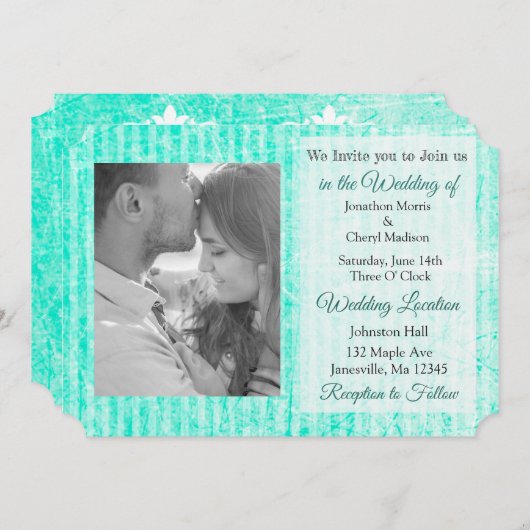 Mint Green Damask Foto Wedites Einladung (Vorne/Hinten)