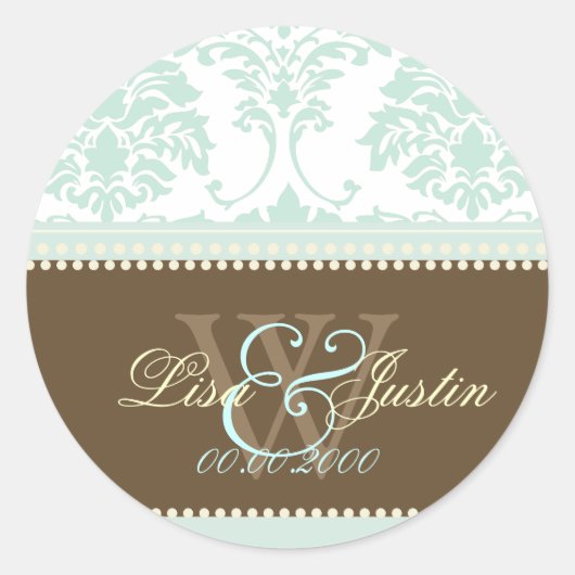 Mint Green Damask Monogramm Hochzeit/DIY Schriftar Runder Aufkleber (Vorderseite)