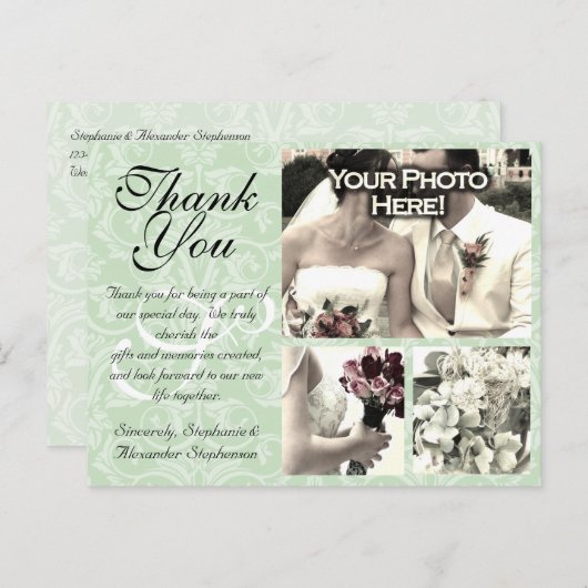 Mint Green Damask Wedding Danke Karte 3 Fotos (Vorne/Hinten)